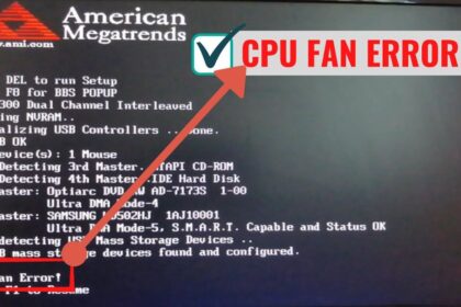Close-up of a computer motherboard with a CPU fan highlighted, showing an error message on the screen.