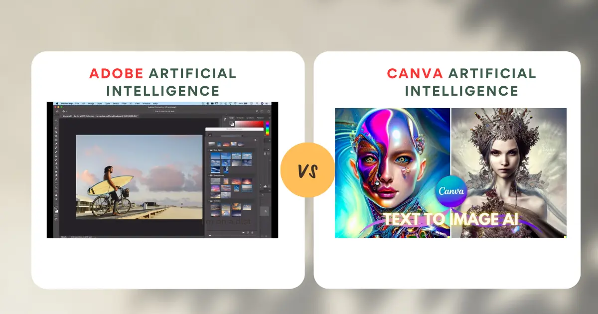 A computer-generated image displaying two separate features - Adobe's Artificial Intelligence-powered replacement tool creating a beautiful blue sky with clouds in the background, and Canva's advanced AI feature converting text into visually appealing images.