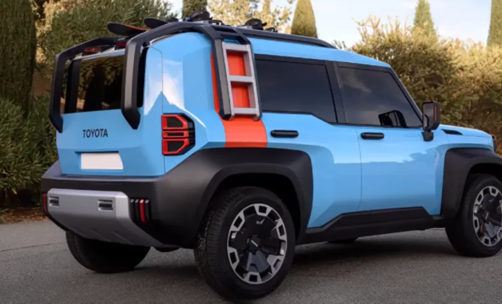 The Toyota Compact Cruiser EV features underbody protection along with rugged tires, while its 360-degree black cladding adds to its striking appearance. Additionally, it is equipped with a rear-mounted LED bar and a rear-facing radar.