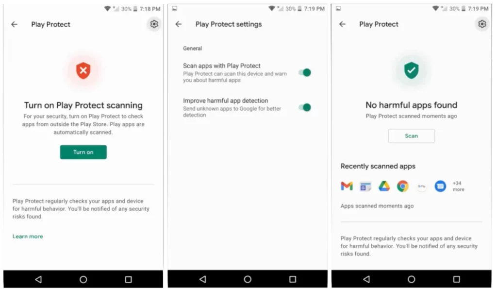 Make sure Google Play Protect, a security feature in Android phones, is enabled