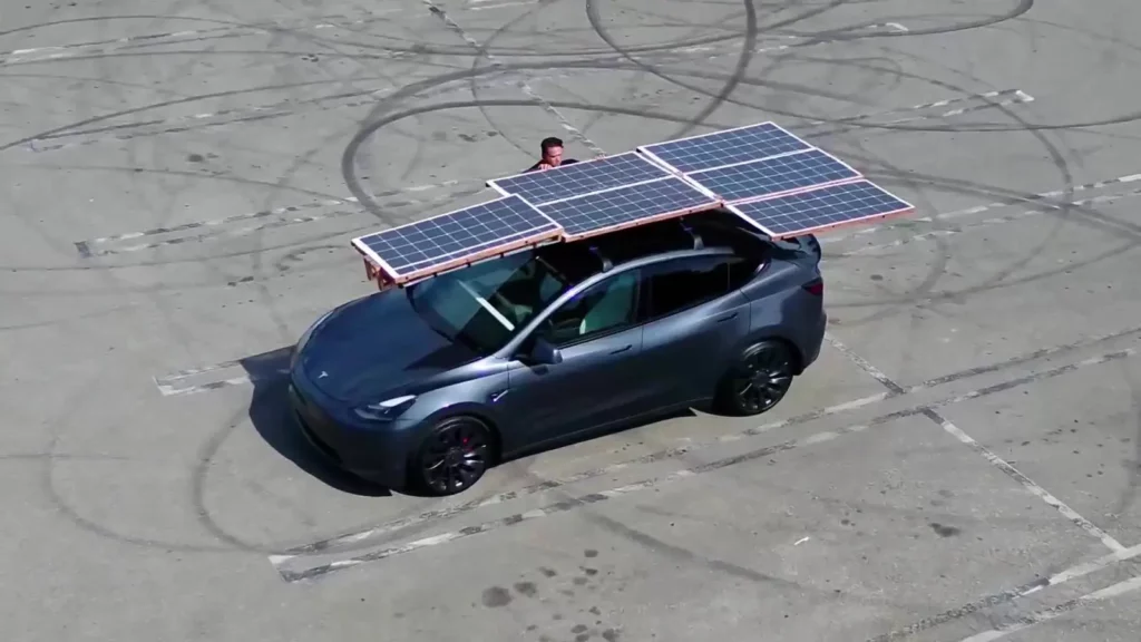 Tesla Owner builds solar Array that folds that folds out of Model Y.