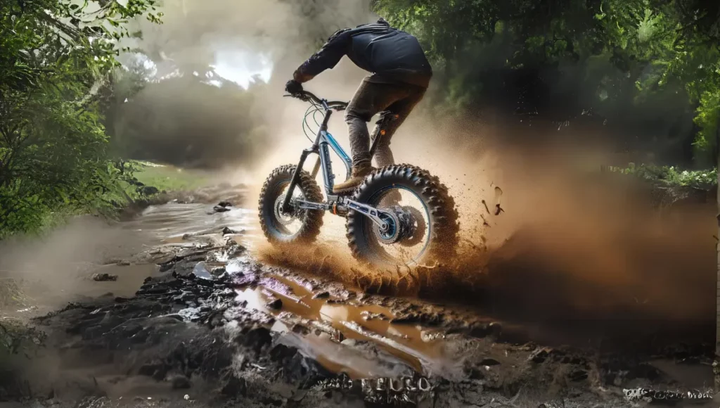 Airless tires bike runs on a mud with small rocks and sand.