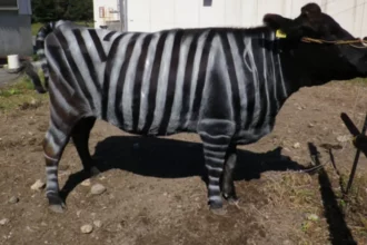 Japan’s farmers paint cows zebra-like stripes to avoid bloodsucking insects