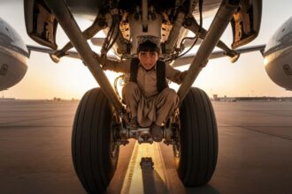 Afghan boy hiding in landing gear compartment