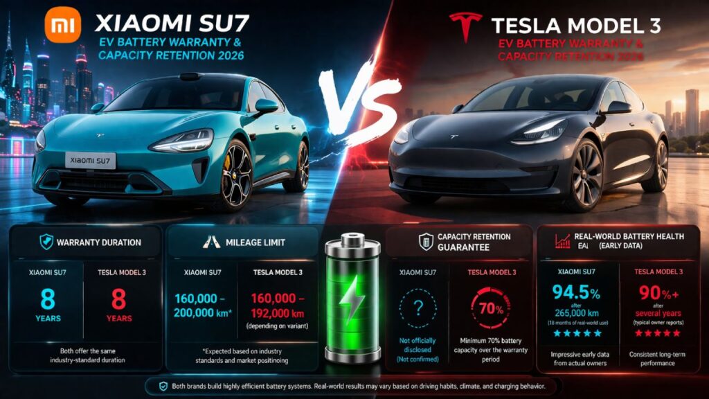 EV battery warranty comparison Xiaomi SU7 vs Tesla Model 3 capacity retention 2026