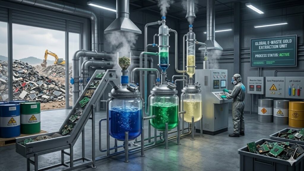 Industrial e-waste gold extraction process using chemical reactions and heating