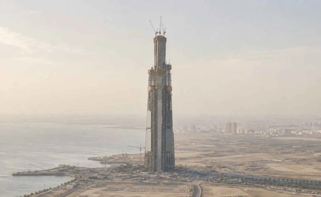 Aerial view of Jeddah Tower under construction near the Red Sea coast