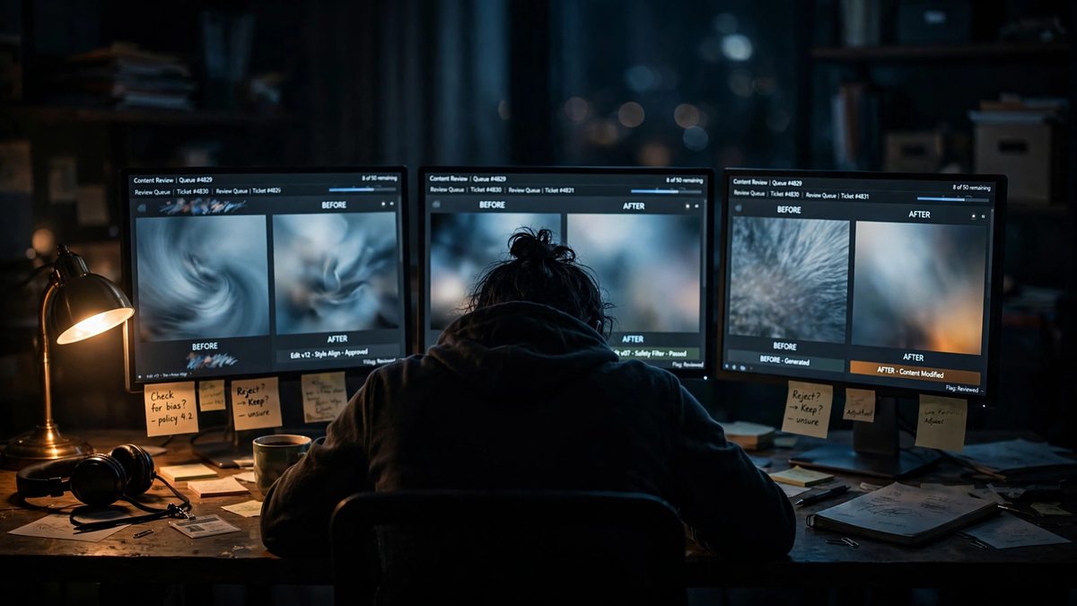 Human content reviewer working late at a desk full of monitors showing AI image edits