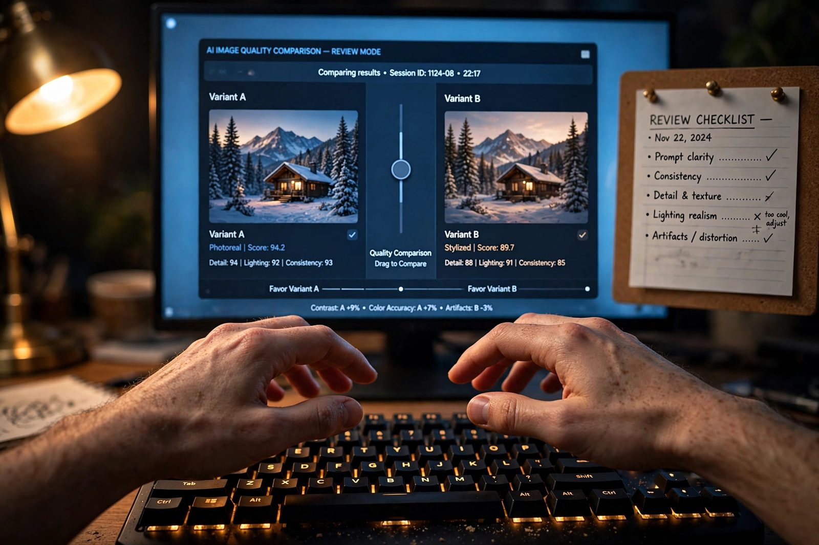 Close view of an AI image quality comparison review screen with a review checklist