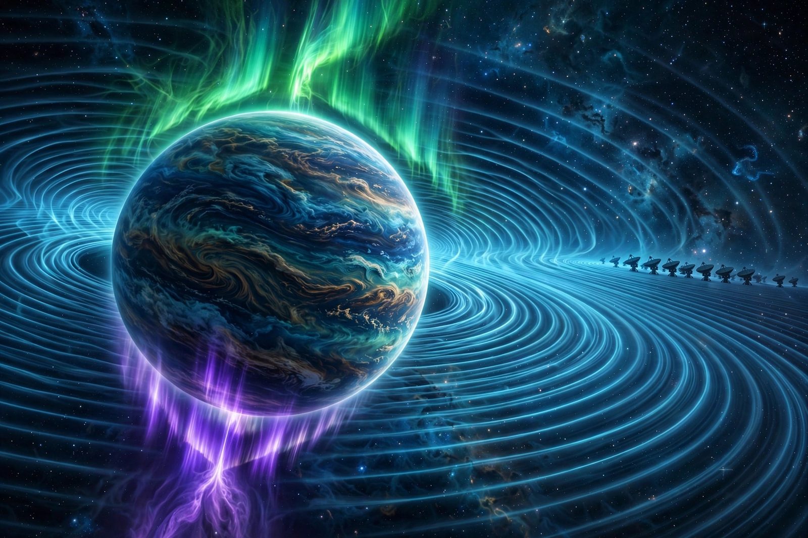 Concept art of a giant planet with glowing auroras sending the detected exoplanet radio signals toward Earth