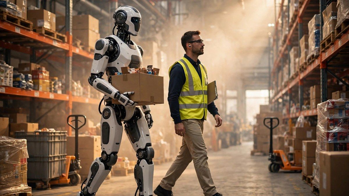 Digit 5 humanoid robot carrying a tote beside a warehouse worker
