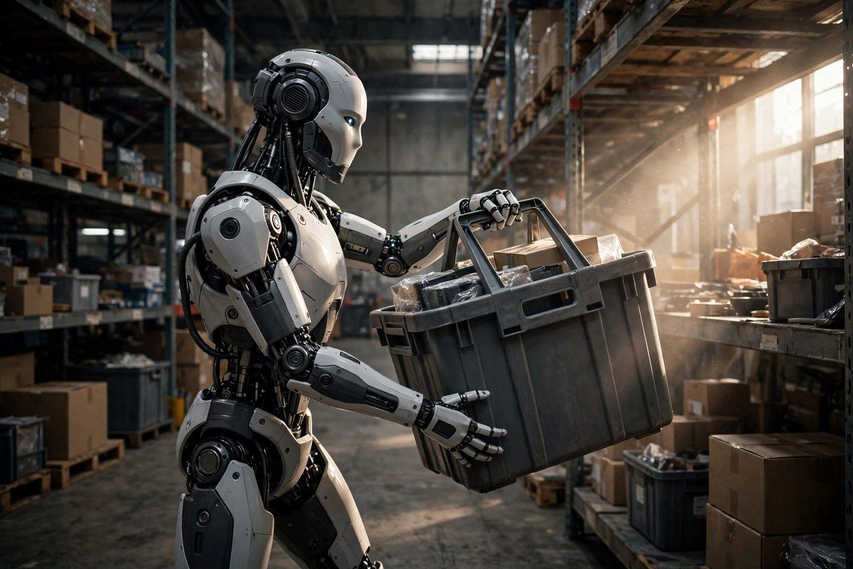Humanoid robot lifting a tote from a warehouse shelf
