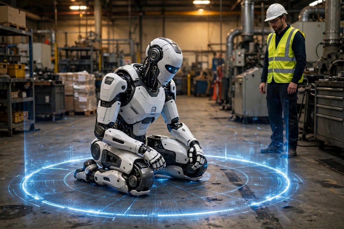 Humanoid robot in seated safety pose near a factory worker