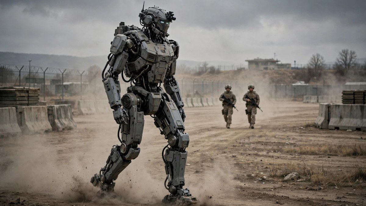 US Army humanoid robot walking on a military proving ground with soldiers behind