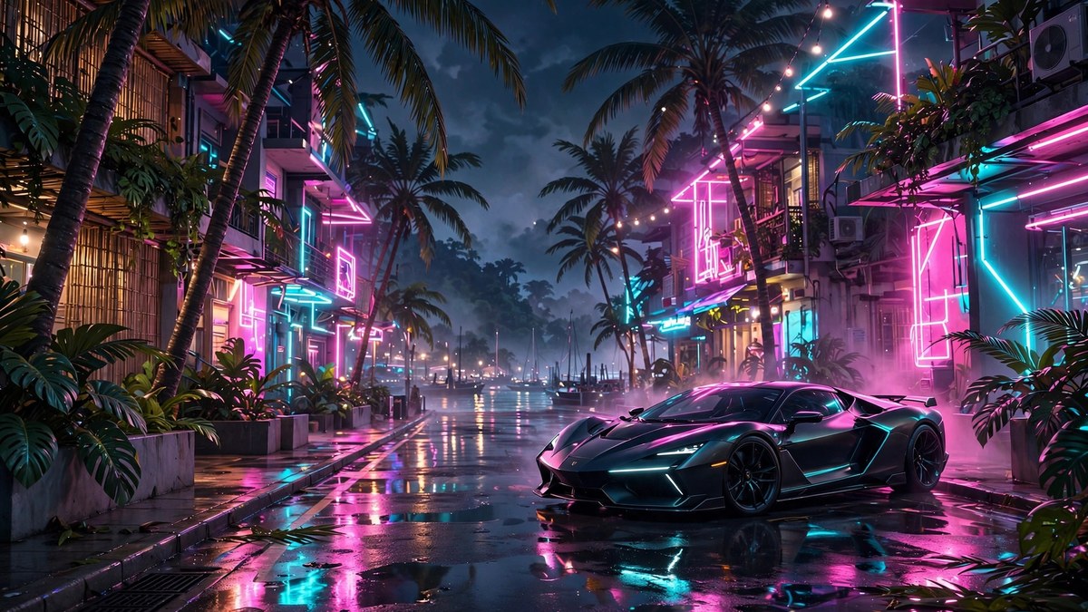Neon lit tropical coastal city street at night with a sports car