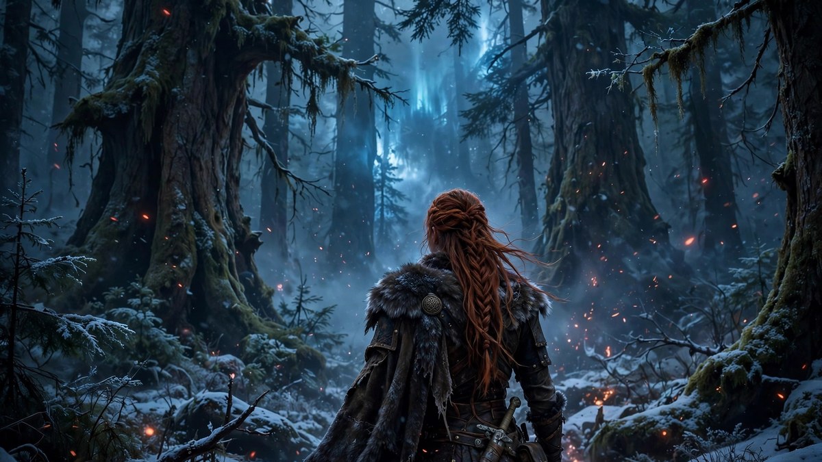 Red haired warrior woman walking into a dark snowy Norse forest