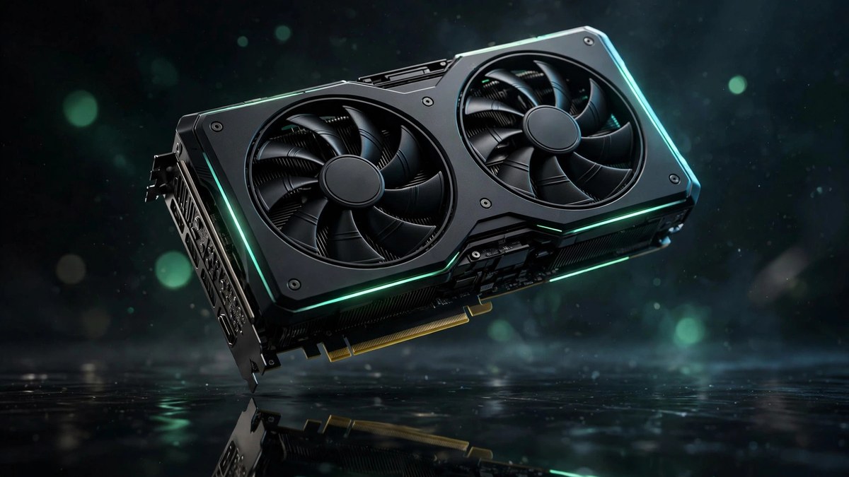 Black dual fan graphics card floating over a dark reflective surface with green accents