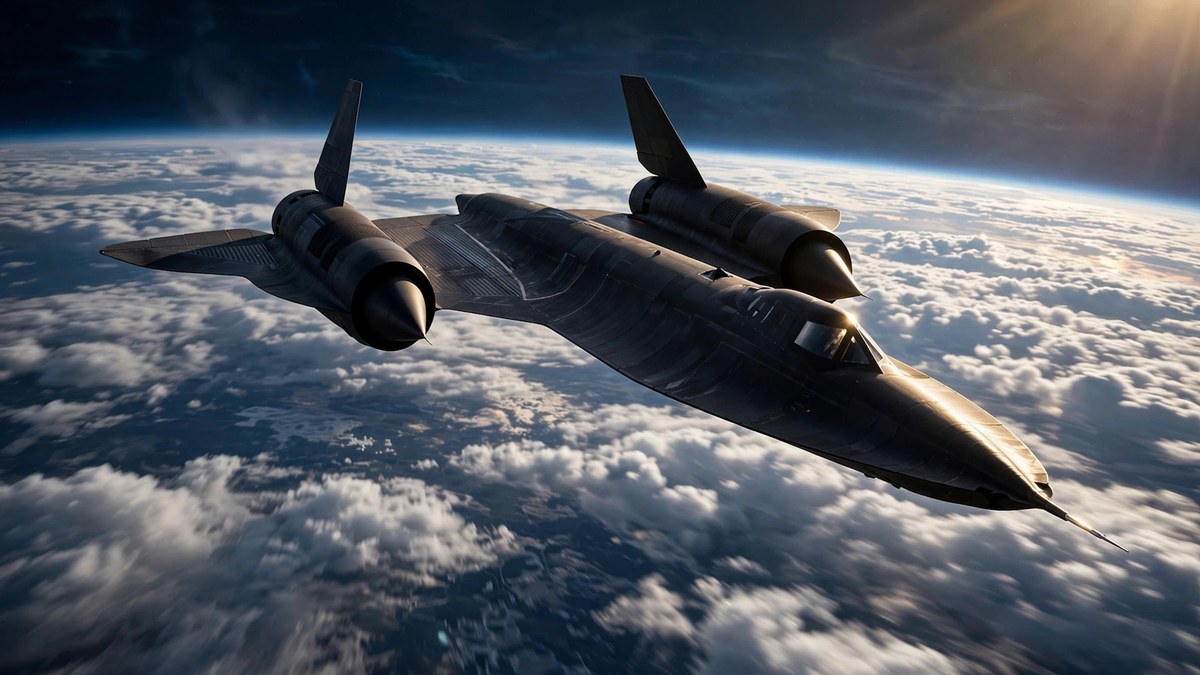 Black SR-71 spy plane flying high above the clouds