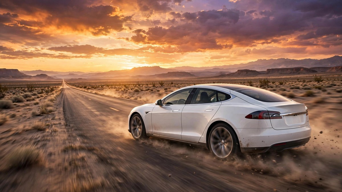 White Tesla Model S driving on a desert highway at sunset