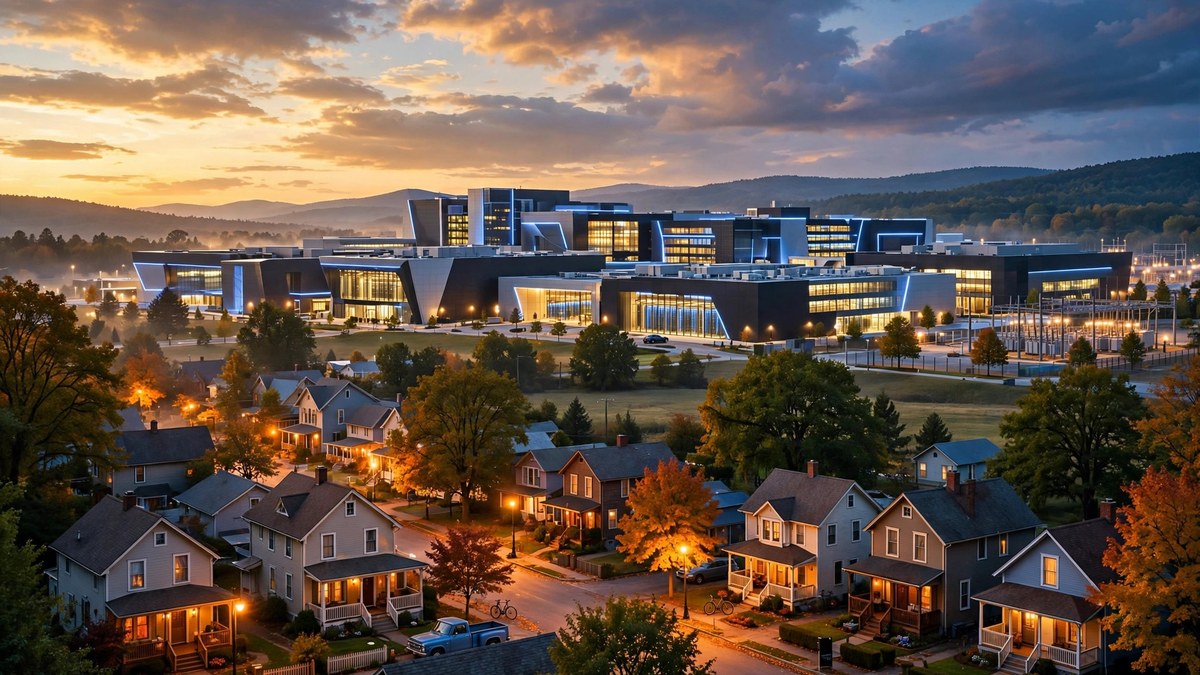 Creative concept of a glowing data center campus beside a cozy town at dusk, showing AWS Built Together investment in data center communities