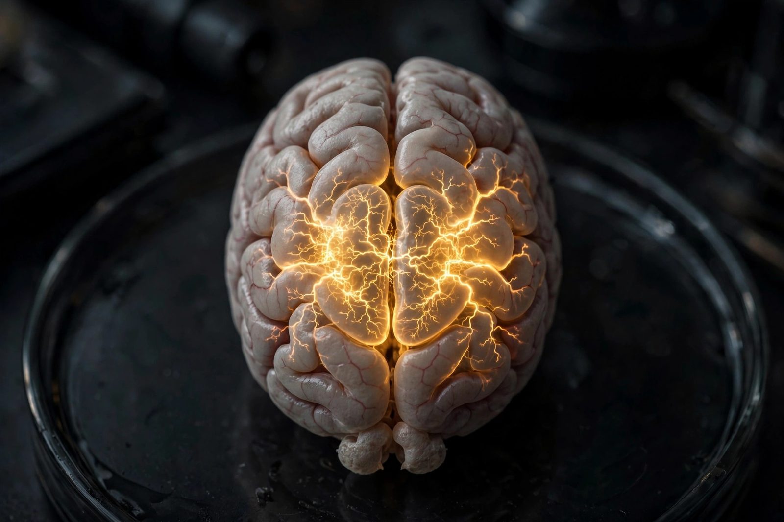A brain with glowing golden neural circuits lighting up in a dark laboratory