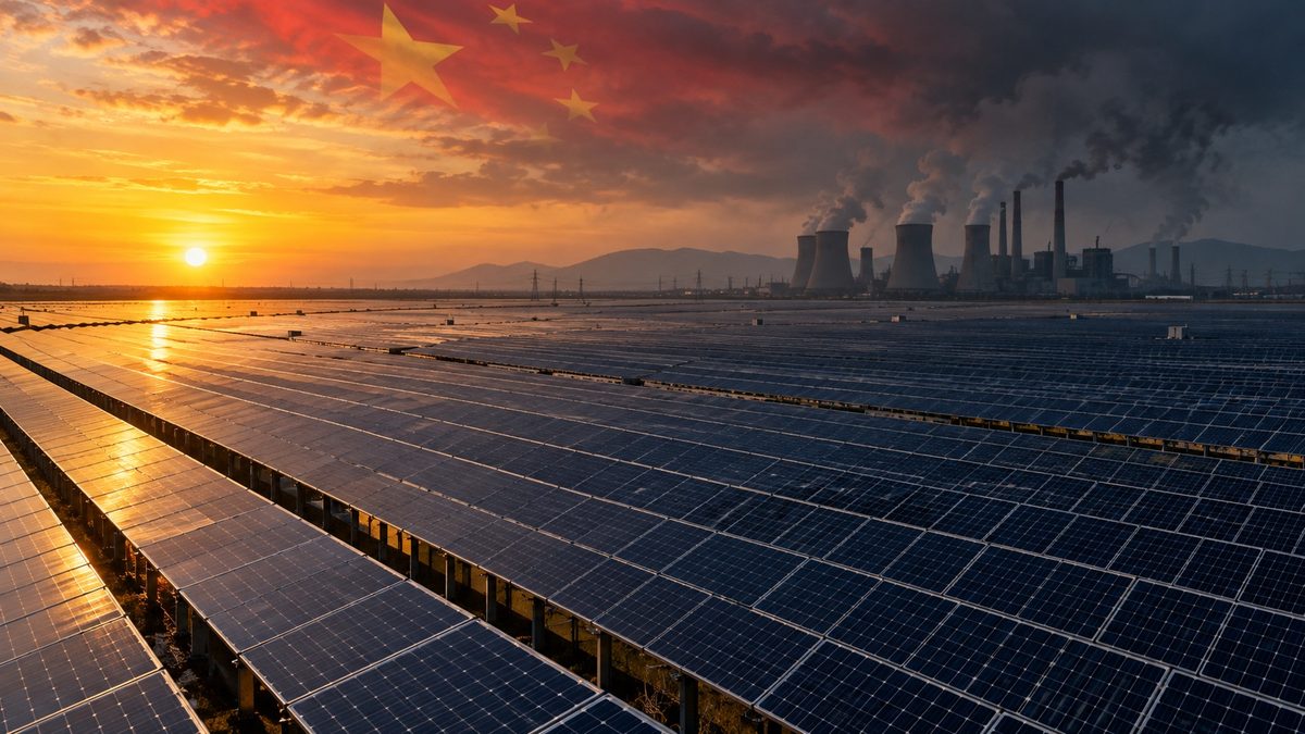 Solar panel farm in China at sunset with coal power plants in the background