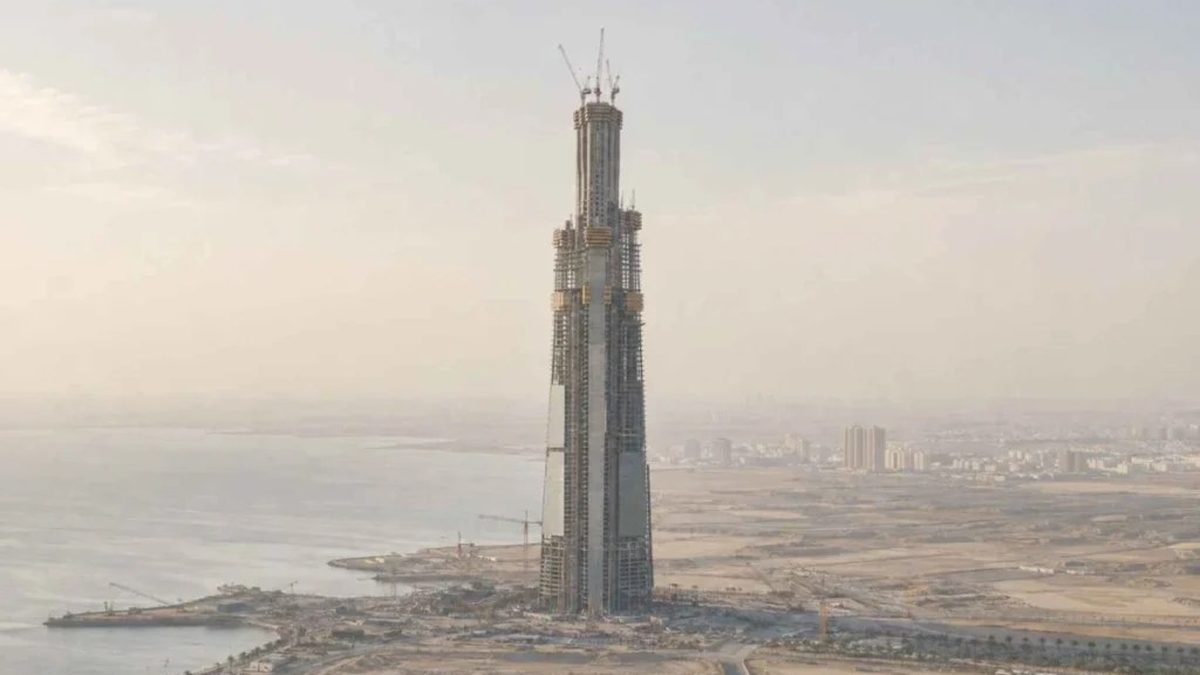 Aerial view of Jeddah Tower under construction near the Red Sea coast