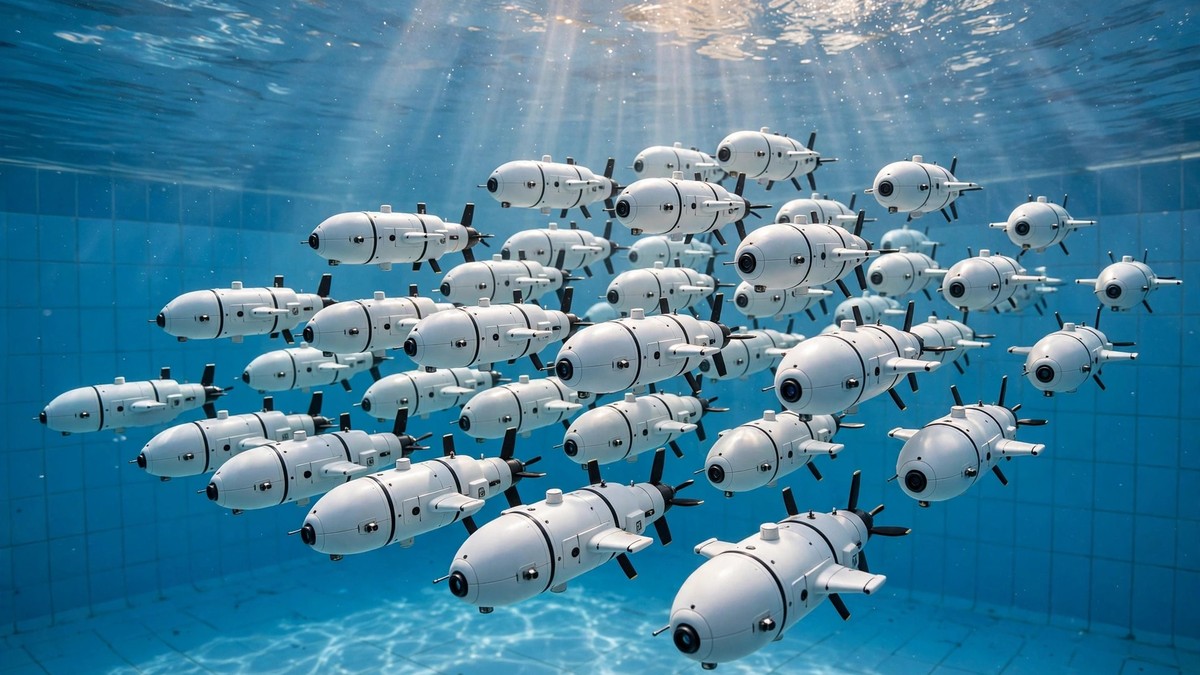 116 tiny underwater robots swimming together in a glowing blue pool, seen from above
