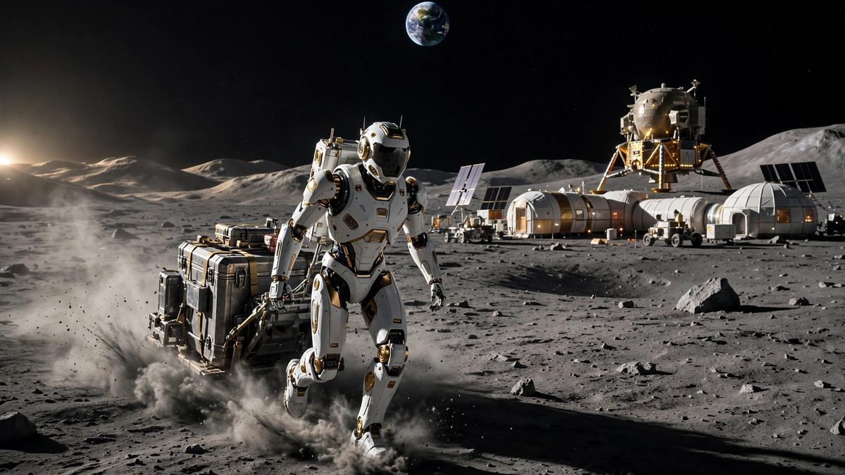 White humanoid robot with gold accents hauling equipment across the lunar surface near a Moon base