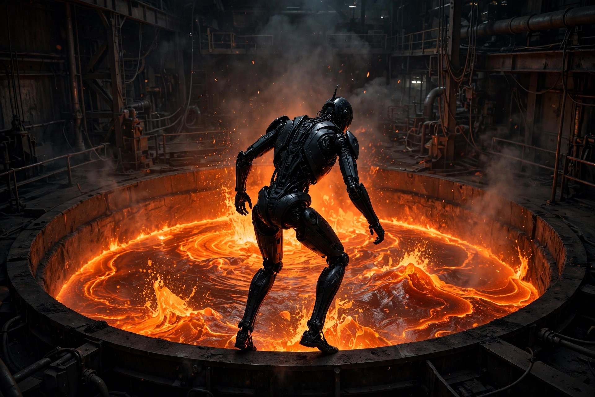 Figure F.02 humanoid robot silhouette at the edge of a glowing furnace