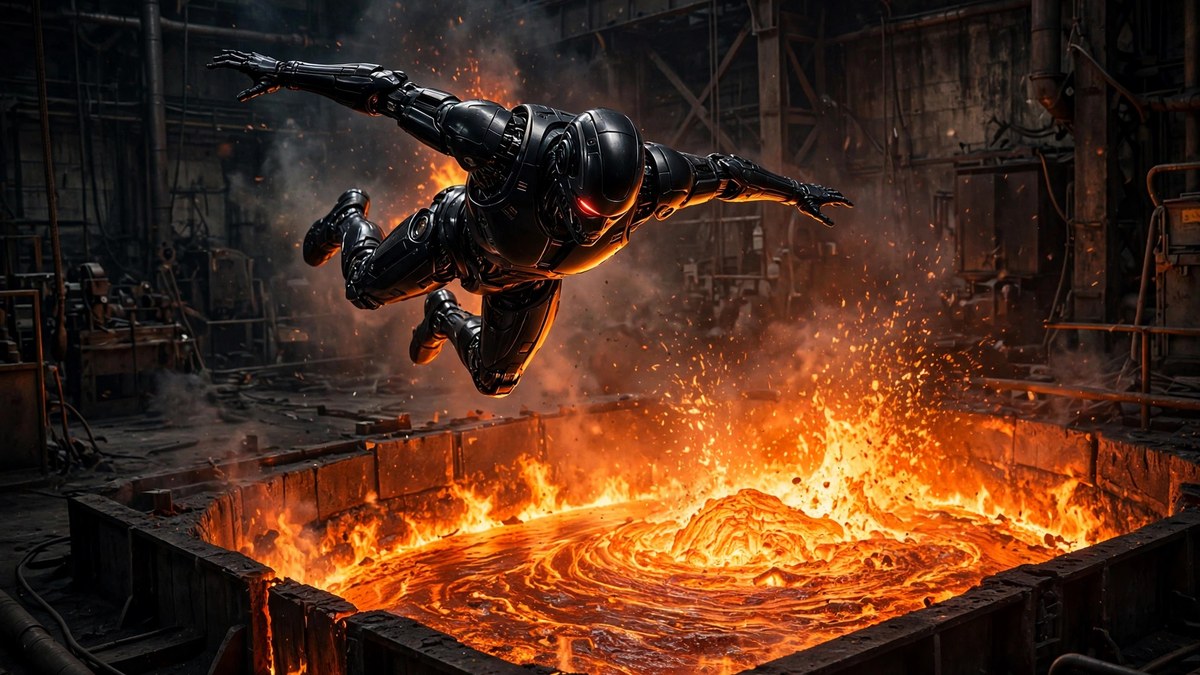 Figure F.02 humanoid robot leaping into a molten steel furnace