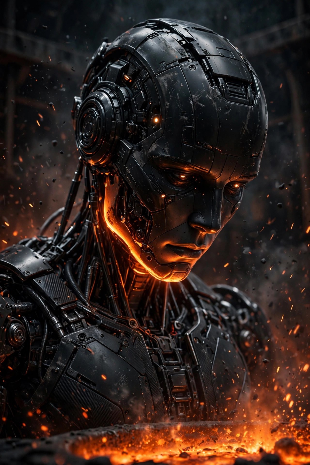 Close-up of a Figure F.02 humanoid robot face lit by molten steel glow