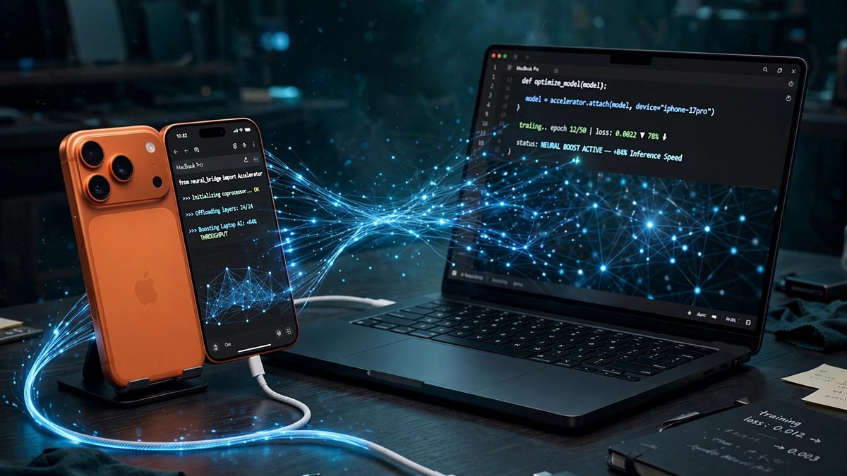 iPhone 17 Pro connected to a MacBook Pro running AI with glowing neural streams