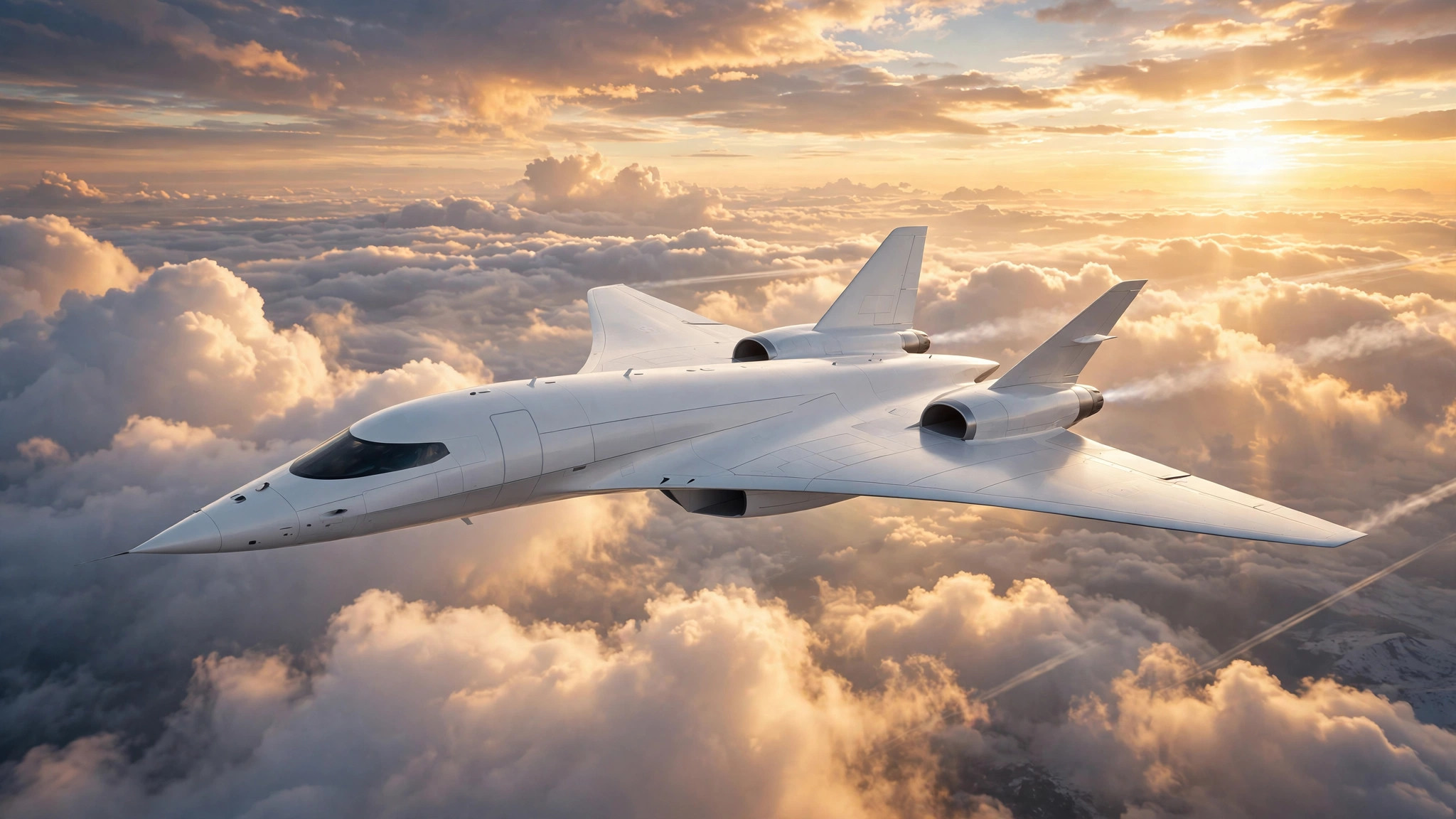 Concept render of the TMS-10 supersonic demonstrator jet flying above the clouds at sunrise