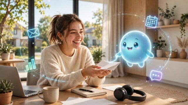 Cute glowing AI assistant handing a completed checklist to a smiling woman in a sunny office