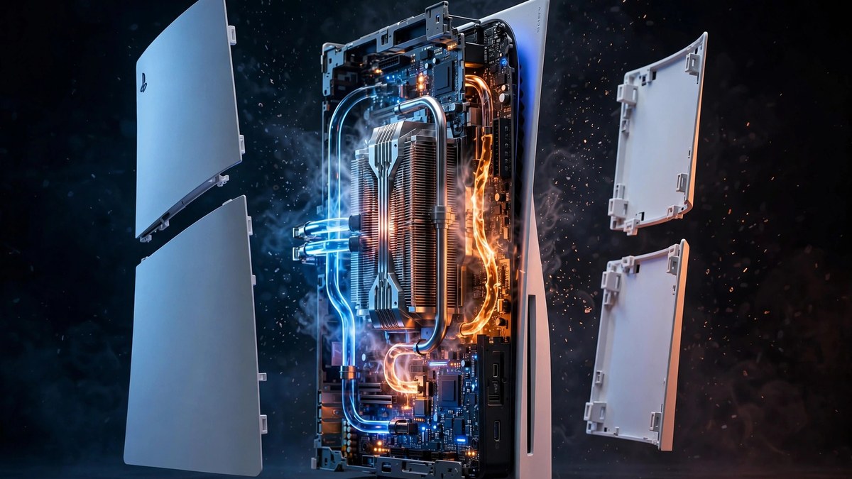 Exploded view of the new PS5 model revealing glowing Pro style liquid metal cooling inside