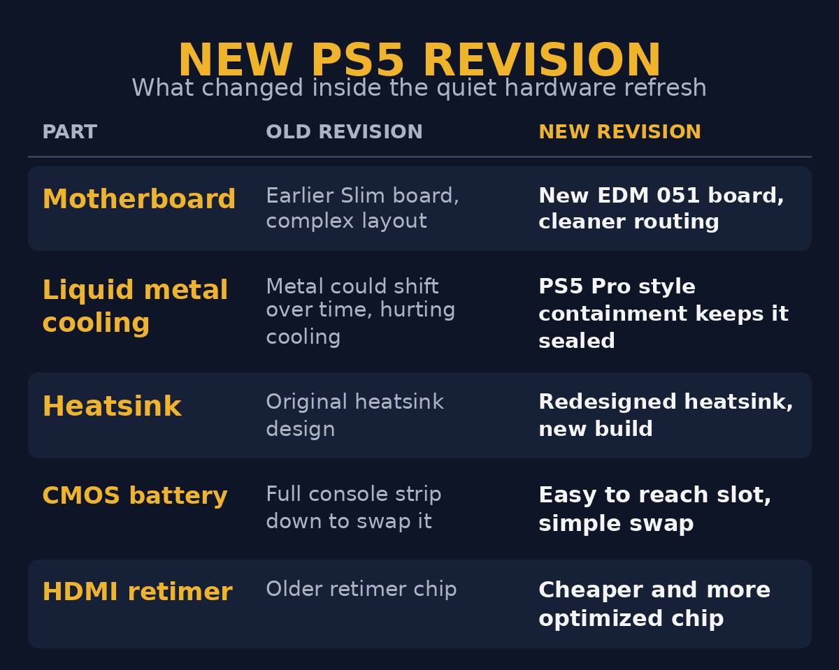 Old versus new comparison of the revised PS5 Slim hardware changes including motherboard cooling heatsink battery and HDMI retimer