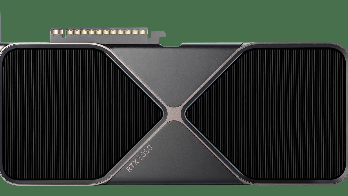 GeForce RTX 5090 Founders Edition card photographed against a green background