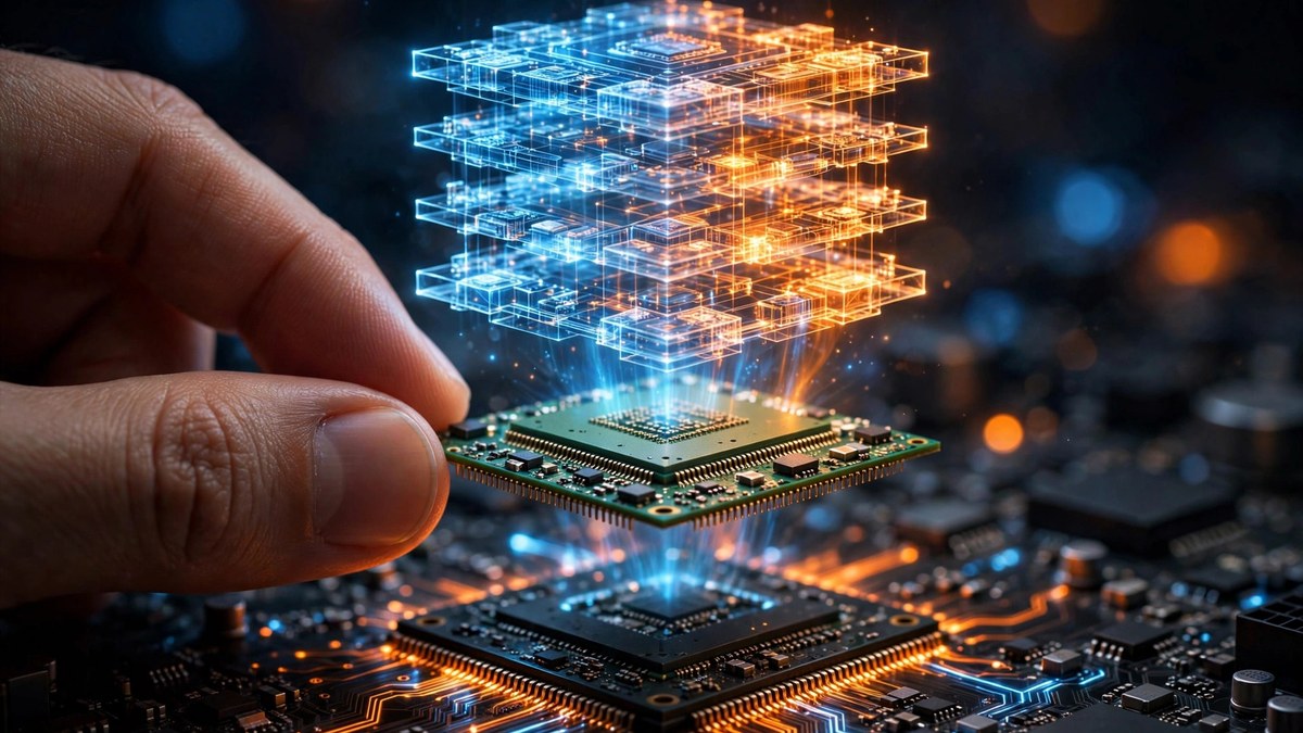 Creative concept of the Ryzen 9 5900X3D sample with glowing stacked 3D V-Cache above the chip
