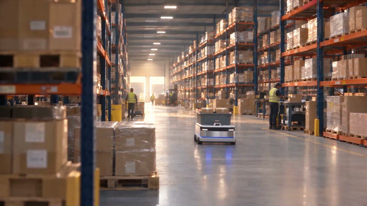 Warehouse robot moving between shelves as workers walk nearby in a SafeWorld simulation scene