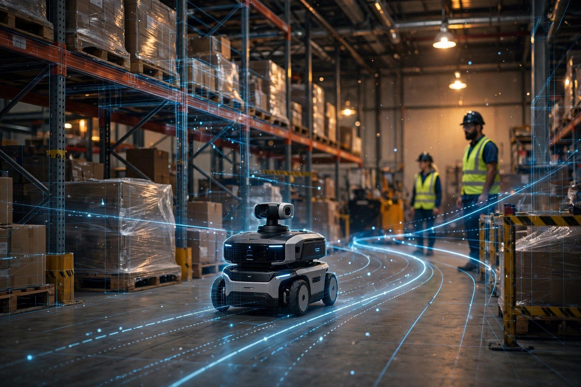 Autonomous mobile robot in a warehouse with glowing blue simulation trajectory lines around it