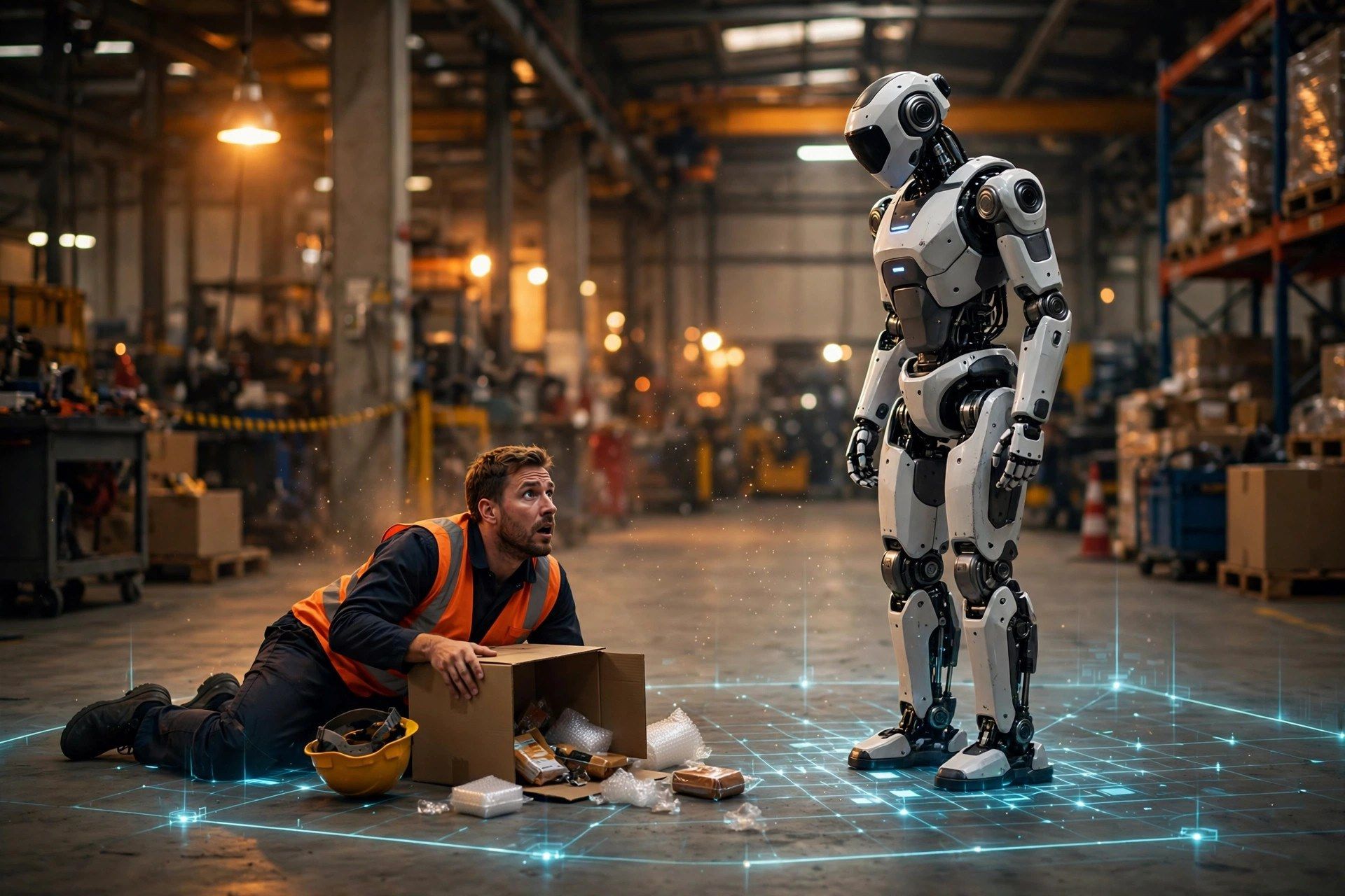 Humanoid robot stopped near a fallen worker with a sensor grid glowing on the factory floor