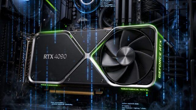 Close up of an RTX graphics card with glowing green accents and blue shader code streams in the background