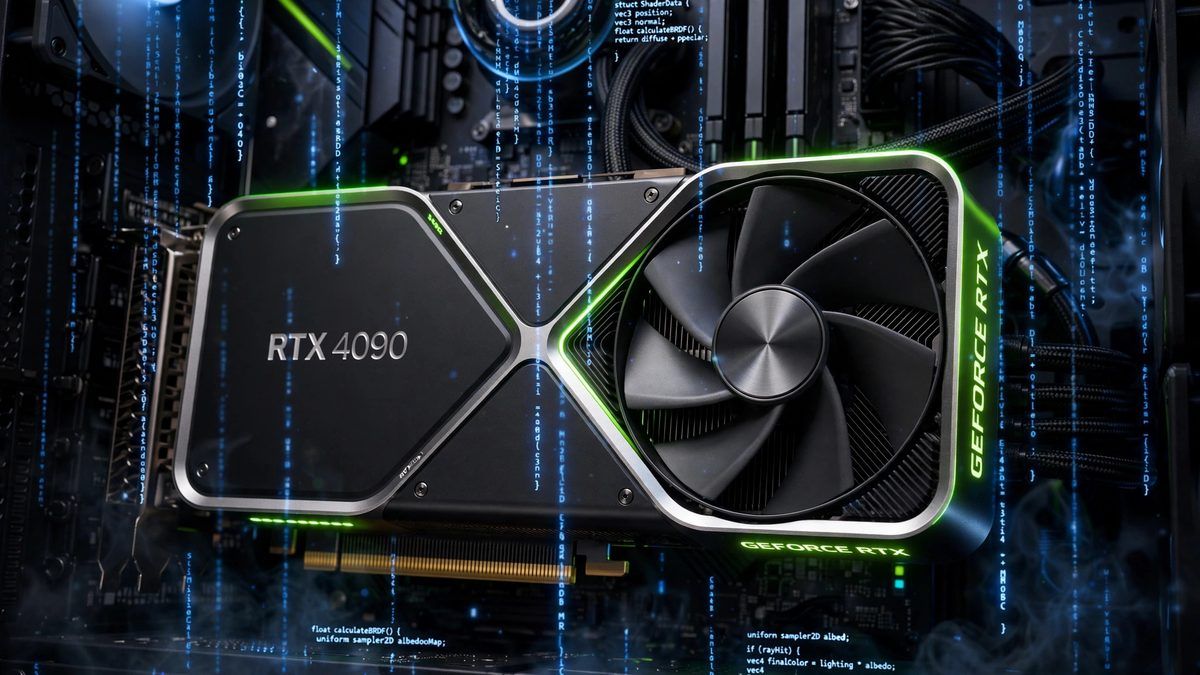 Close up of an RTX graphics card with glowing green accents and blue shader code streams in the background