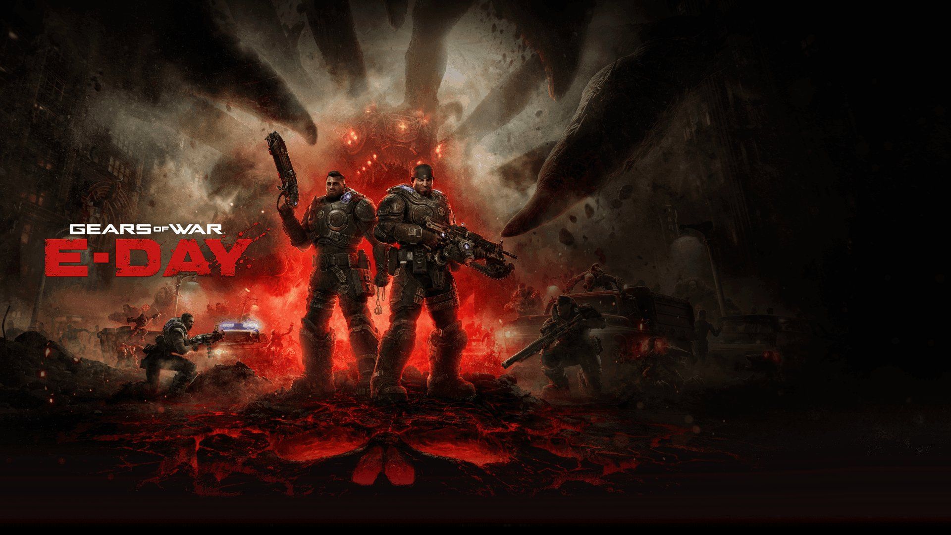 Official Gears of War E-Day key art showing armored soldiers facing a giant creature