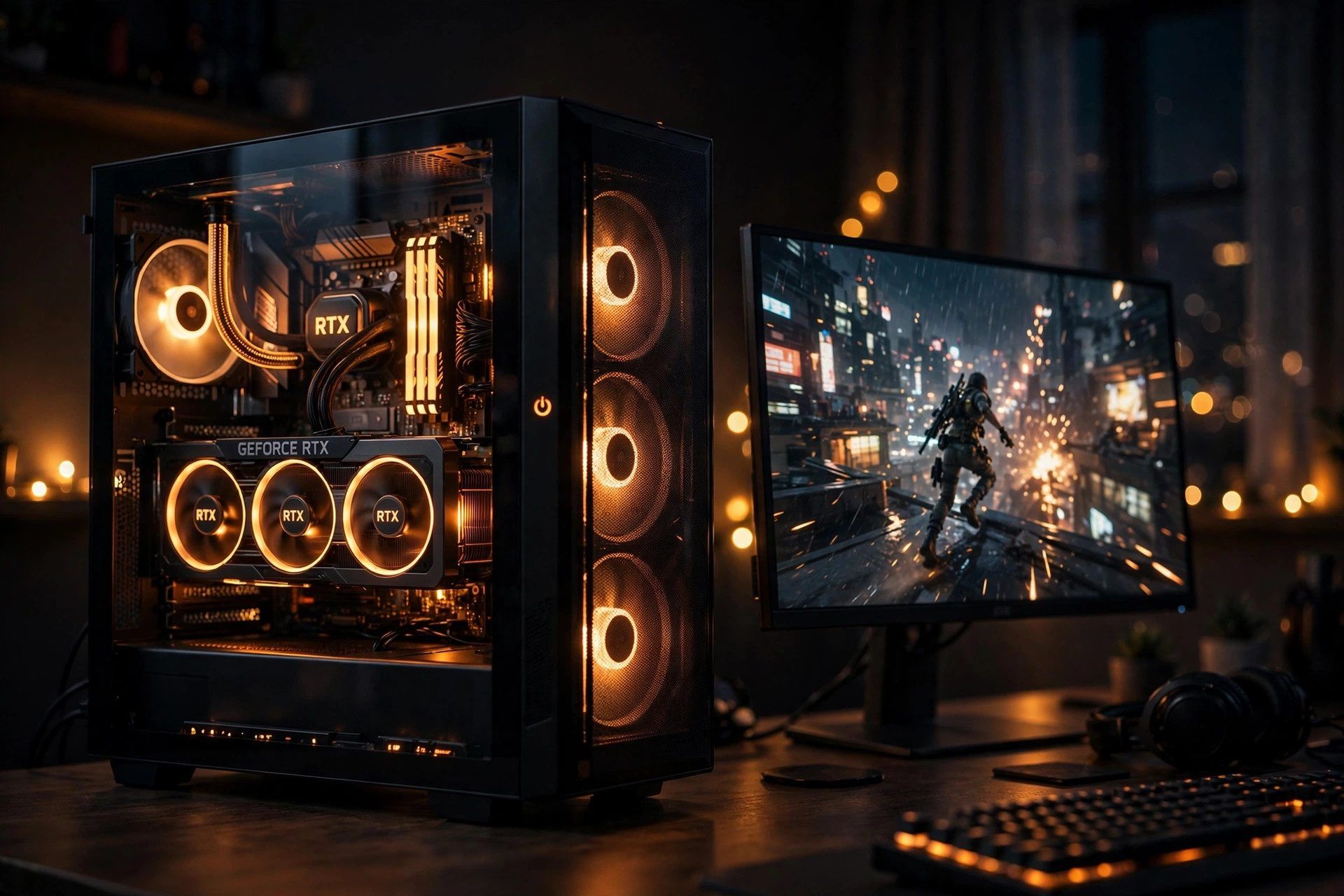 Gaming PC with glowing RTX graphics card next to a monitor showing smooth gameplay