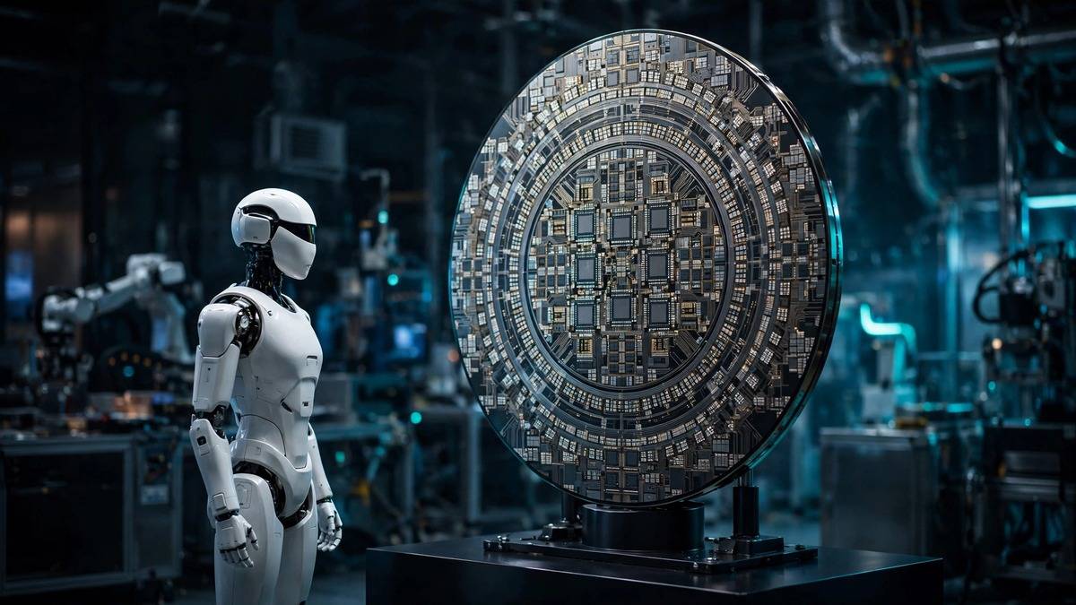 Humanoid robot standing beside a giant AI chip wafer inside a semiconductor fab