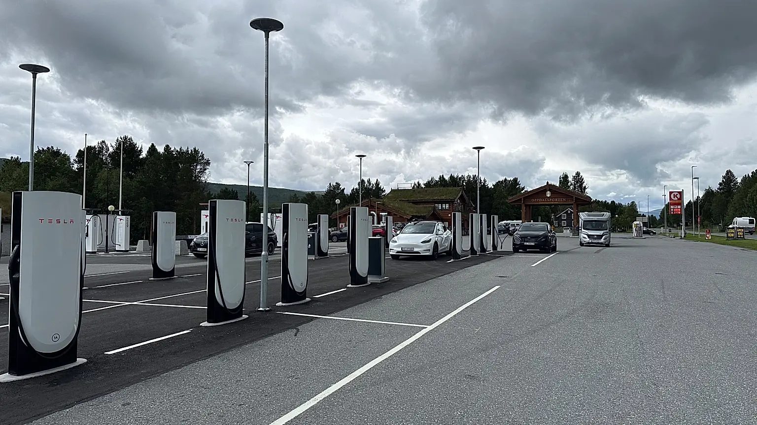 Tesla Supercharger station in Norway with electric cars charging