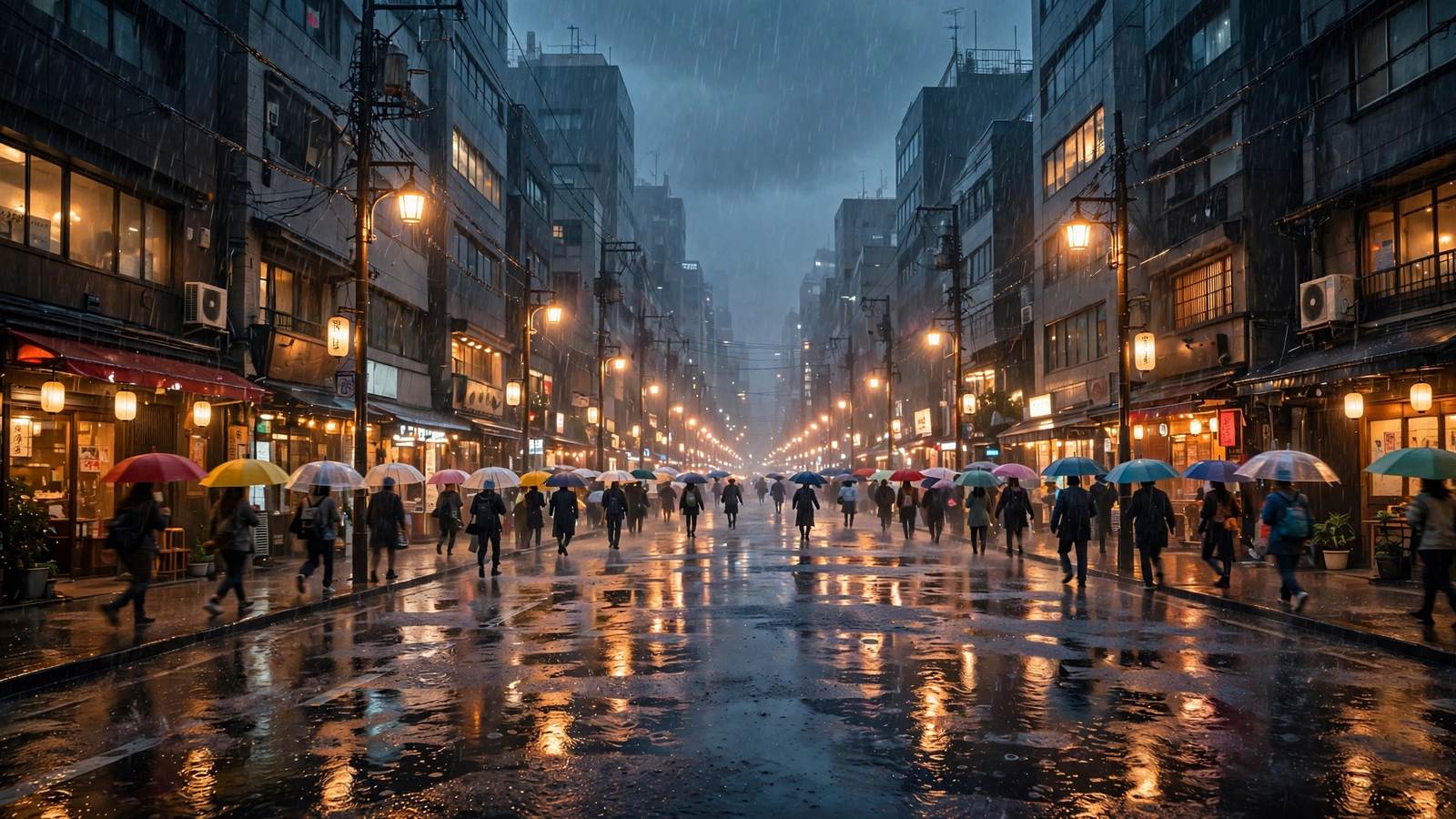 People with colorful umbrellas on a rain soaked Tokyo street at dusk during the record rain streak