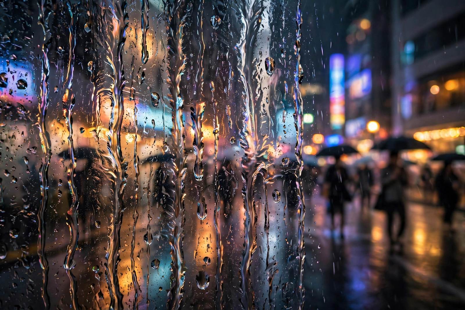 Heavy raindrops racing down a window pane with blurred Tokyo neon lights and umbrellas behind